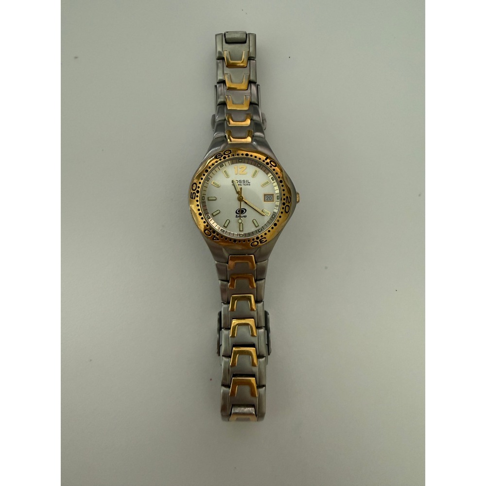 Fossil Blue AM-3425 Two Tone Silver Gold Stainless Steel Watch 100M Water Resist